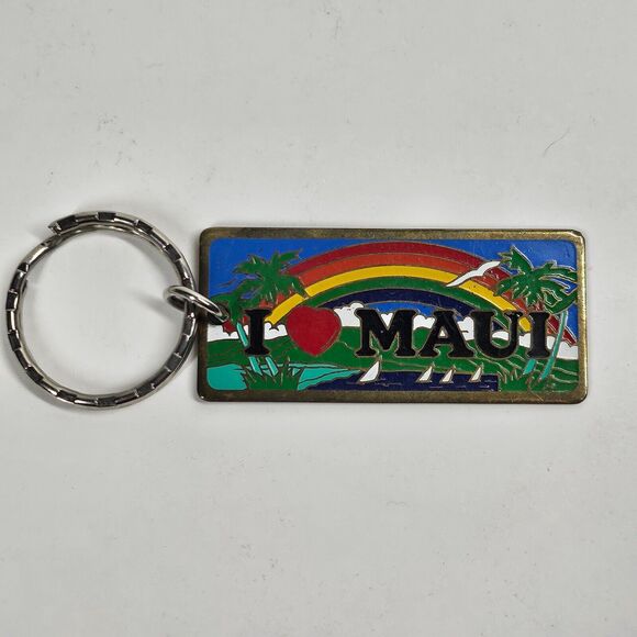 I Heart Maui Vintage Keychain Brass Enamel Hawaii Souvenir 1980s - Picture 1 of 7